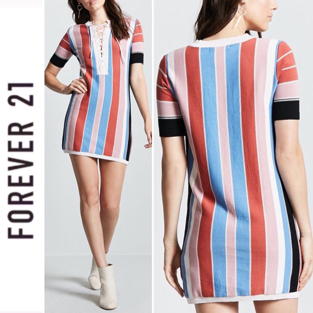 multicolored striped lace up dress